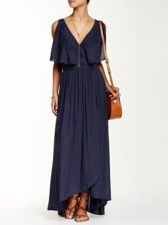 Free People Dresses & Skirts - Free People Fiona Maxi Wrap Dress In Midnight Blue Womens Small Embroidered